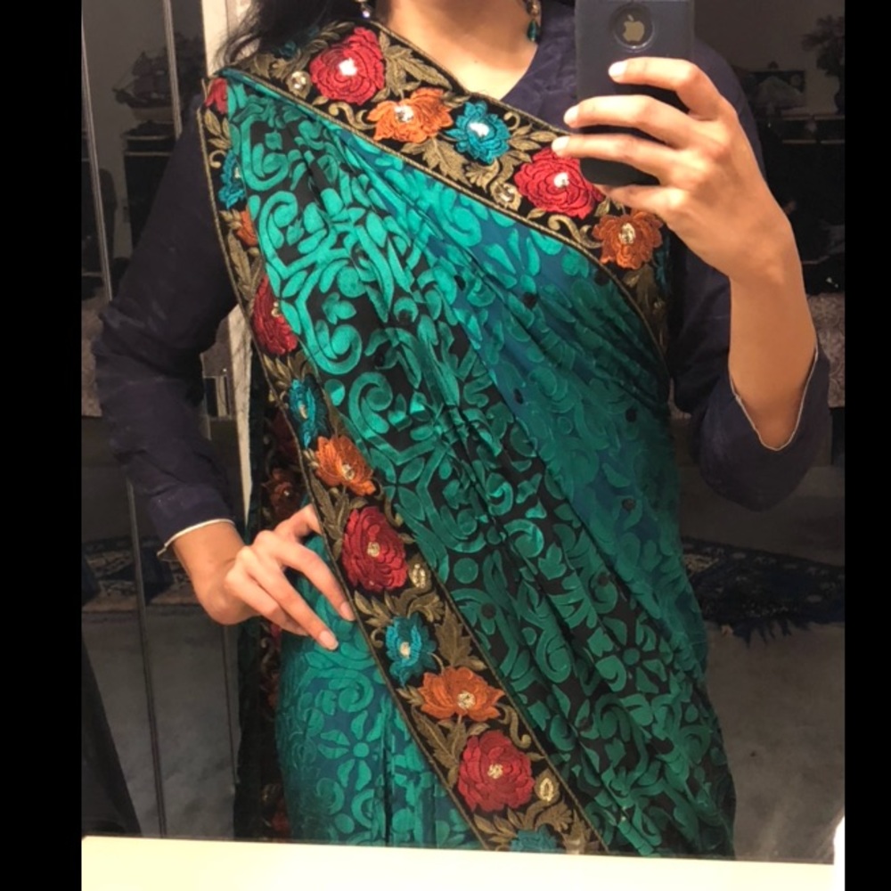 Sari indian Elegant royal Aqua&Black sari Stitched